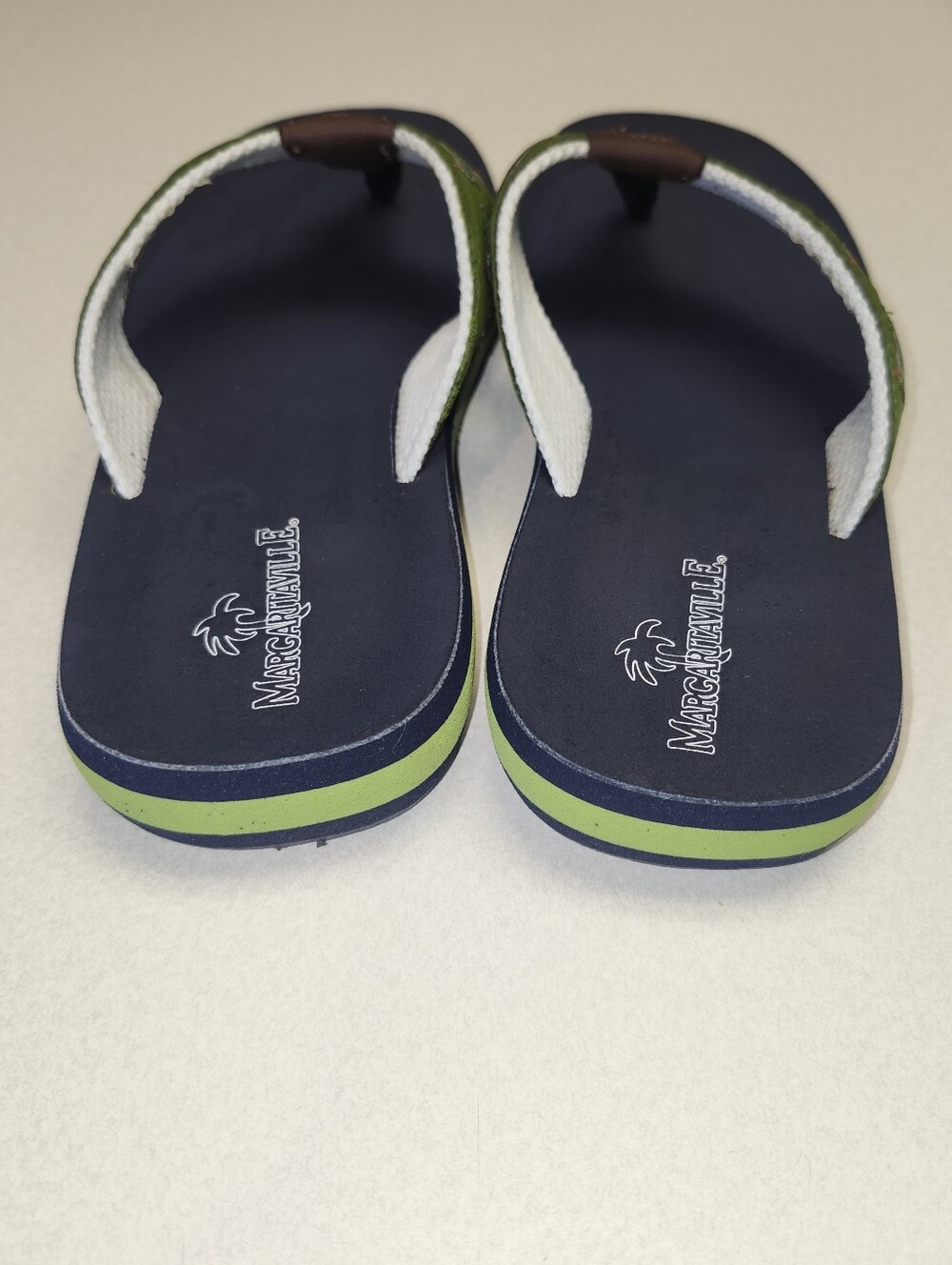 Margaritaville Navy Blue & Bright Green "Rita Time" Leather Upper Flip Flops, 8 - Picture 6 of 11